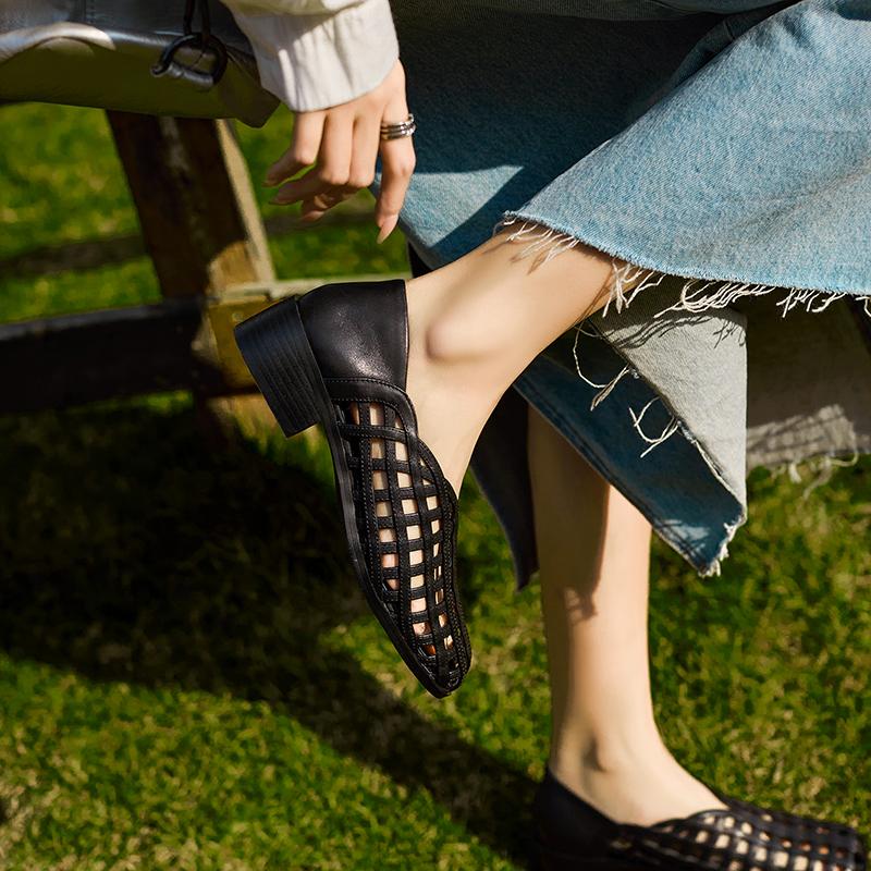 Fashion 2025 New Women's Shoes Genuine Leather Square Heel Black Shoes Sandals Loafers Outdoor Cool Beach Summer Hollow Shoes for Women