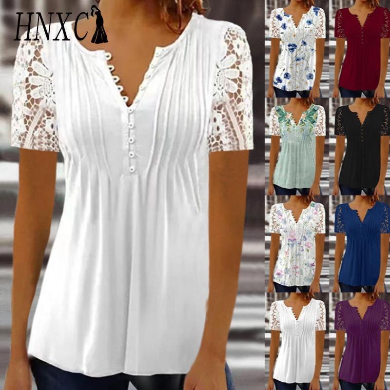HNXC Damenmode, lässig, einfarbig, kurzärmelig, V-Ausschnitt, Blusen und Hemden