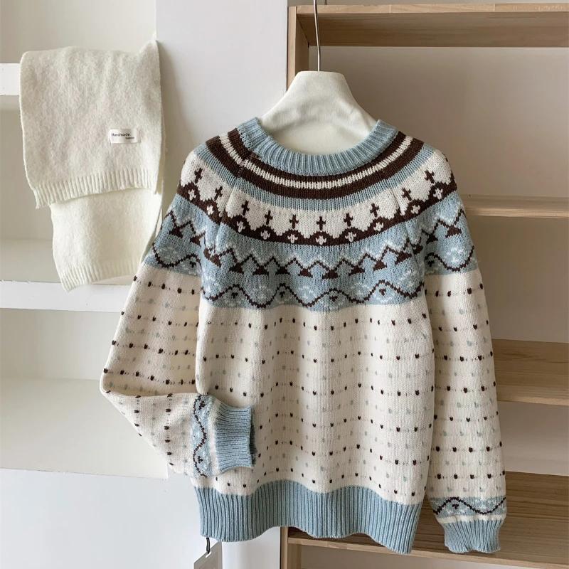 Japanese Retro 2024 Women Patchwork Elegant Knitted Sweater Autumn Winter Long Sleeve Round Neck Pullover Trendy Chic Clothing