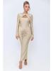 Hollow Out Long Sleeve Sexy Maxi Dress For Women Gown Autumn Winter New Metal Buckle Ruched Slit Long Dress Elegant