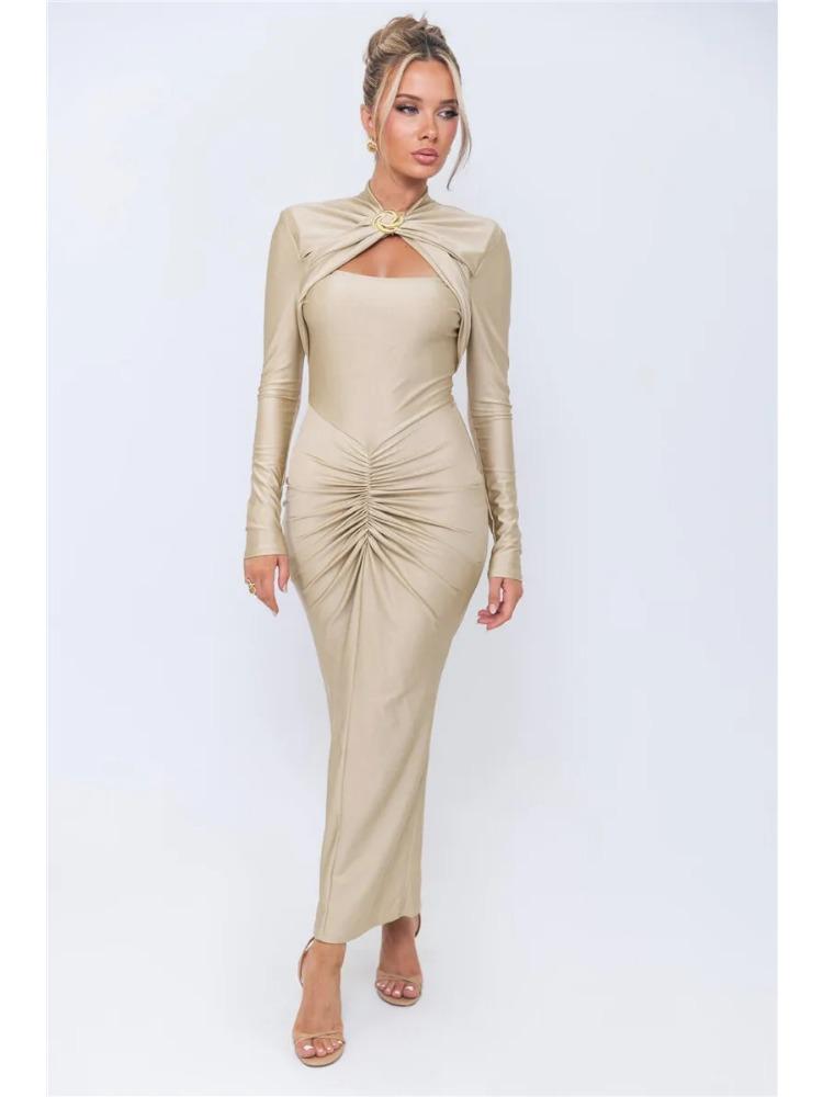 Hollow Out Long Sleeve Sexy Maxi Dress For Women Gown Autumn Winter New Metal Buckle Ruched Slit Long Dress Elegant