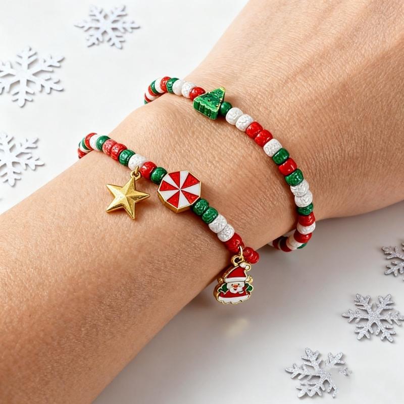 Festival Santa And Snowman Designs Soft Clay Beaded Bracelet 18cm Adjustable Length 3 Unique Styles Lightweight Jewelry