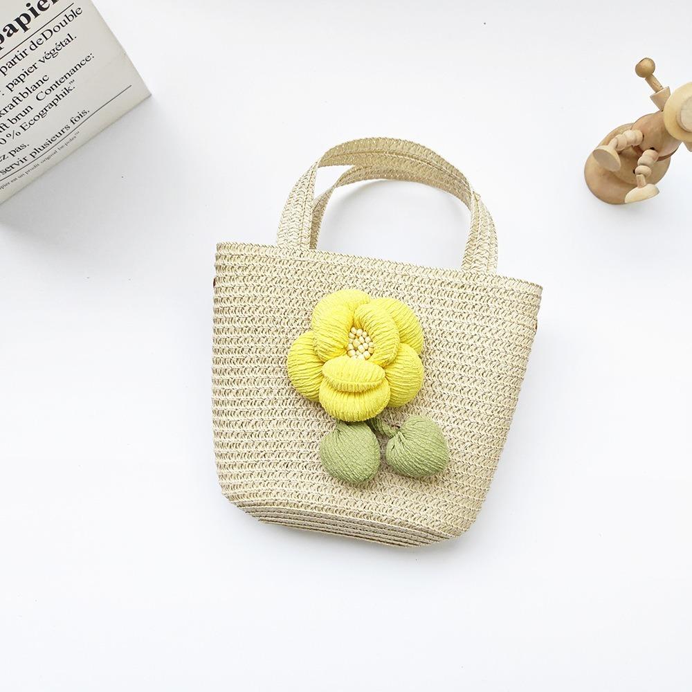 Cute Handmade Woven Straw Bag Bowknot Breathable Storage Basket Flower Coin Purse Kids Girls