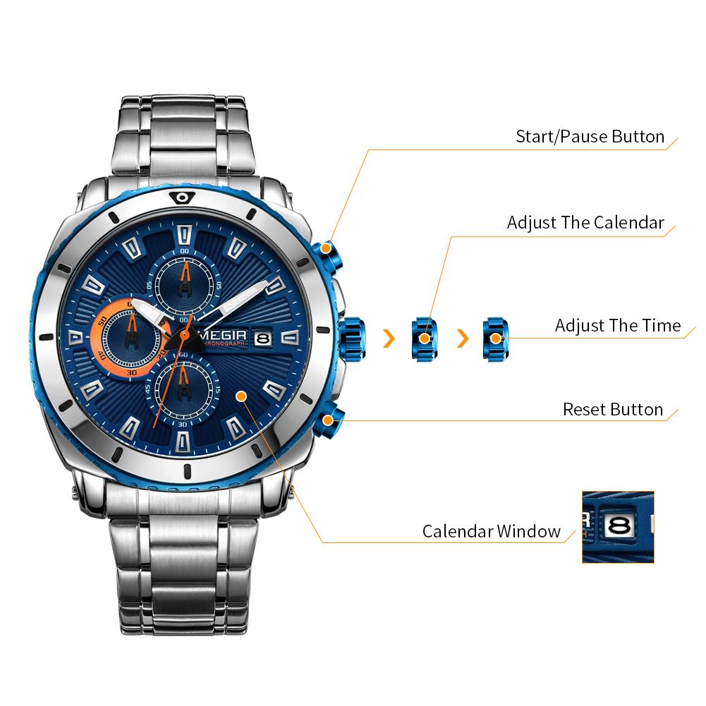 Megir Top Brand Luxury Men Quartz Watch with Stainless Steel Band Chronograph Business Wrist Watches Men Clock Relogio Masculino