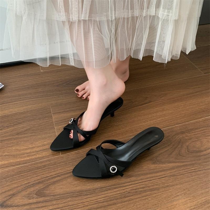 Pointed Satin Cross-strap High Heels New Elegant Thin Strap Rear Empty Bag Head Thin Heel Sandals Women