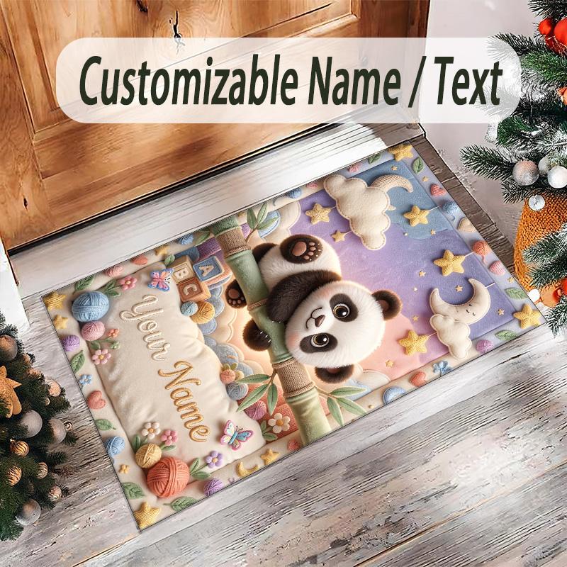 Panda Theme Crystal Velvet Rug Personalized Custom Name Text Soft Floor Mat Home Decor