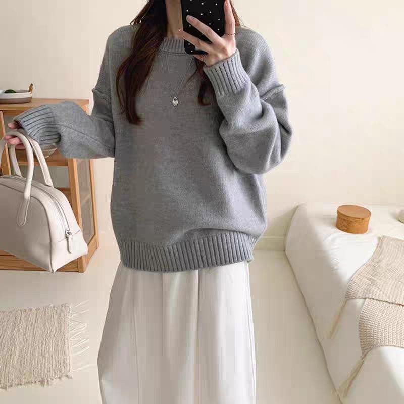 VEZFAA Women's Fashion Casual Fall Winter Solid Color Print Long Sleeve O-Neck Sweaters