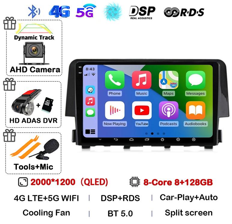 Android 14 Wireless Carplay Auto For Honda Civic 2016 2017 2018 2019 2020 Car Radio Stereo Multimedia Player GPS 4G+WIFI DSP