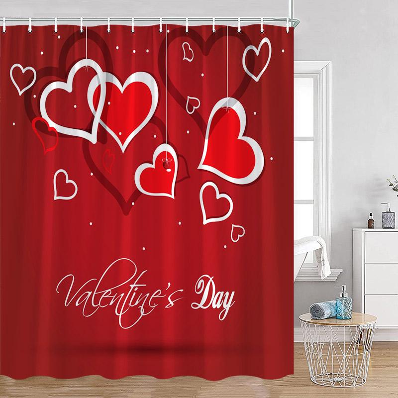 Valentine'S Day Shower Curtain Red Heart Rose Flowers Bicycle Petals Lovers Gift Fabric Home Bathroom Curtains Decor With Hooks