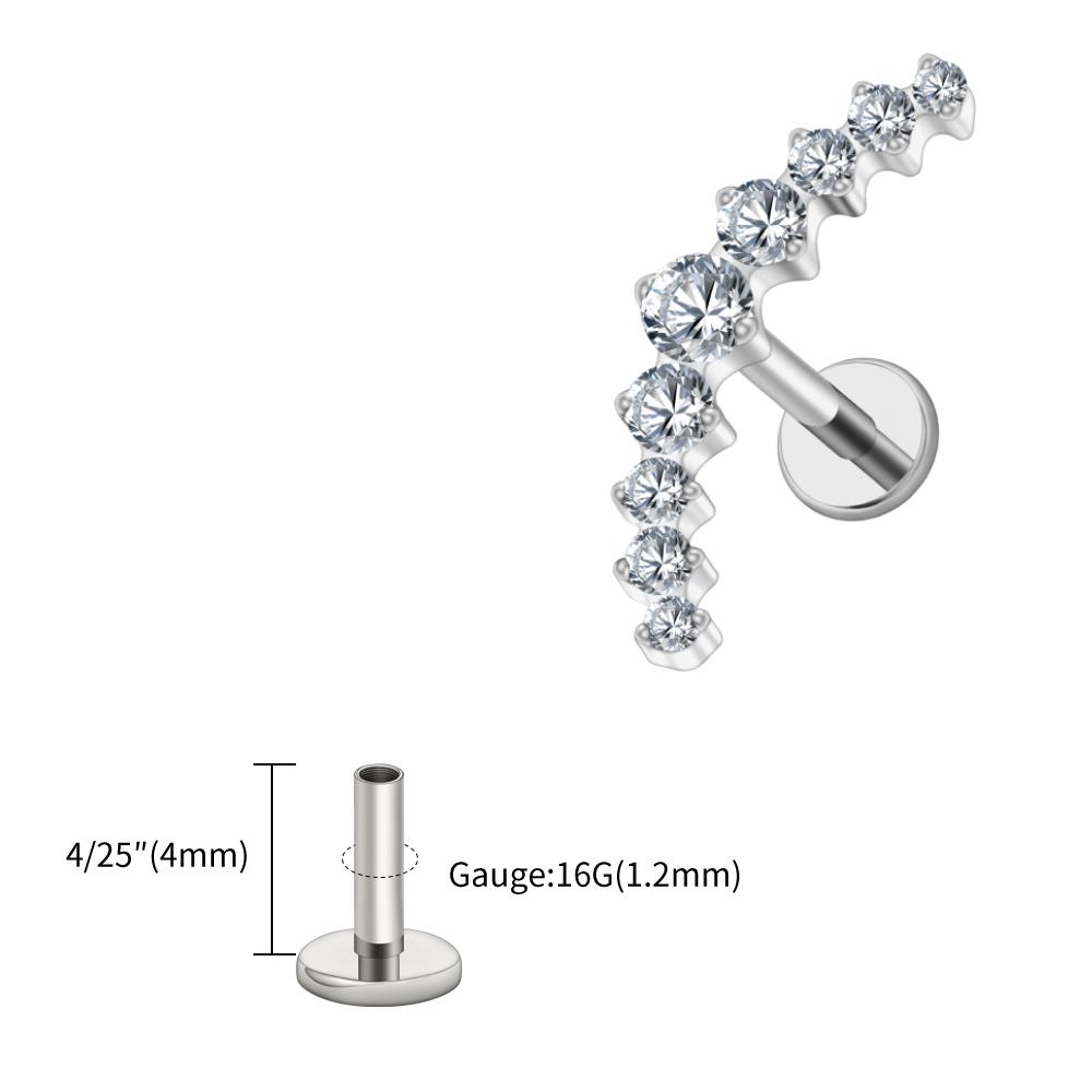 Right Grand ASTM F136 Titanium Arc CZ Cluster Labret Curved Bar Flat Back Stud Earring Helix Cartilage Conch Piercing Jewelry