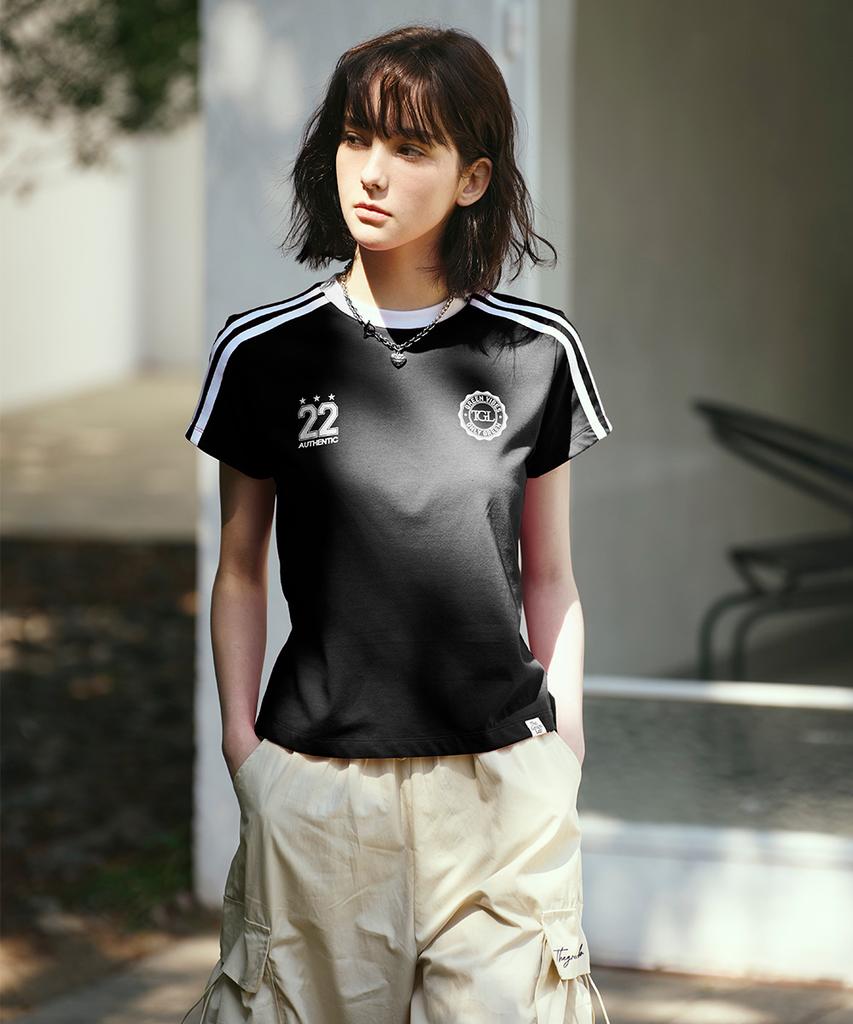 THE GREEN LAB Soccer Football Color Block Short Sleeve T-Shirt [Black]