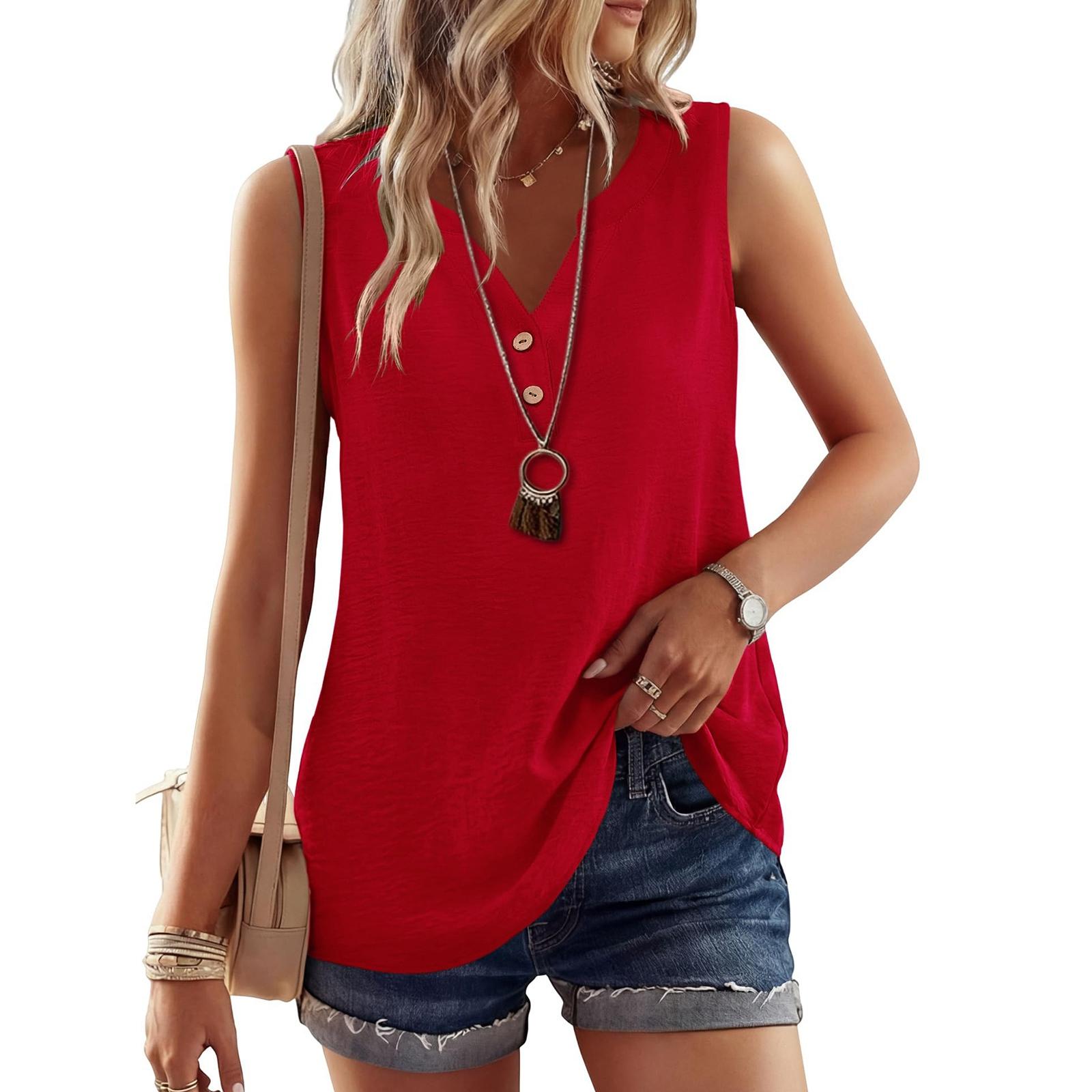 

Womens Tops Sleeveless Henley Tank for Summer Tops for Women Casual Womens Clothing for Shirts for Women Outfits L красный
