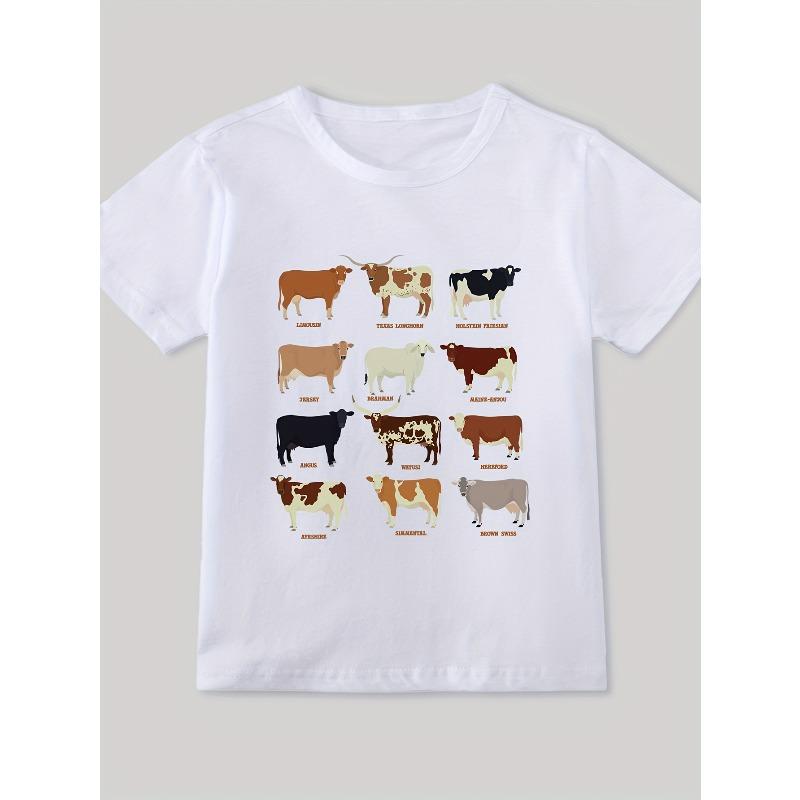 European Sizes Boys' Short Sleeve T-Shirt with Colorful Cow Breeds Print - Casual Summer Top for Youngsters & Teens, Educational Animal Design