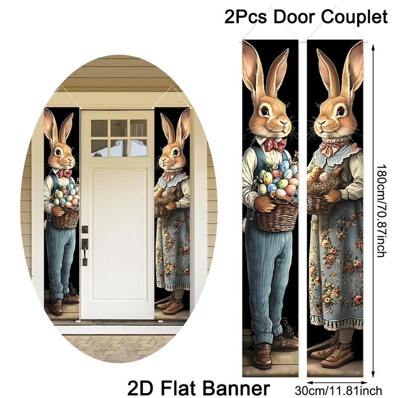 

2pcs Vintage Easter Bunny Door Banner Polyester Decorative Door Couplet Porch Flags Rustic Easter Decorations for Home 2026 чёрный