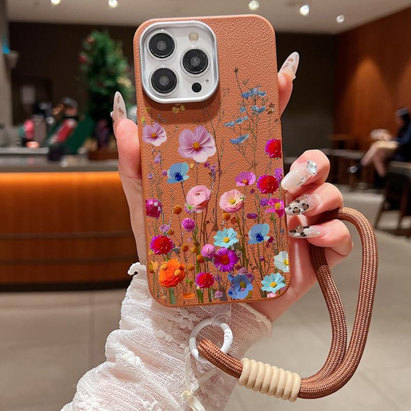 Husă mată rezistentă la șocuri, color trandafir, imprimeu floral, pentru iPhone 16 Pro Max 15 14 Pro 13 12 11, cu șnur moale, protecție pentru lentile, husă subțire din piele cu textura pentru telefon