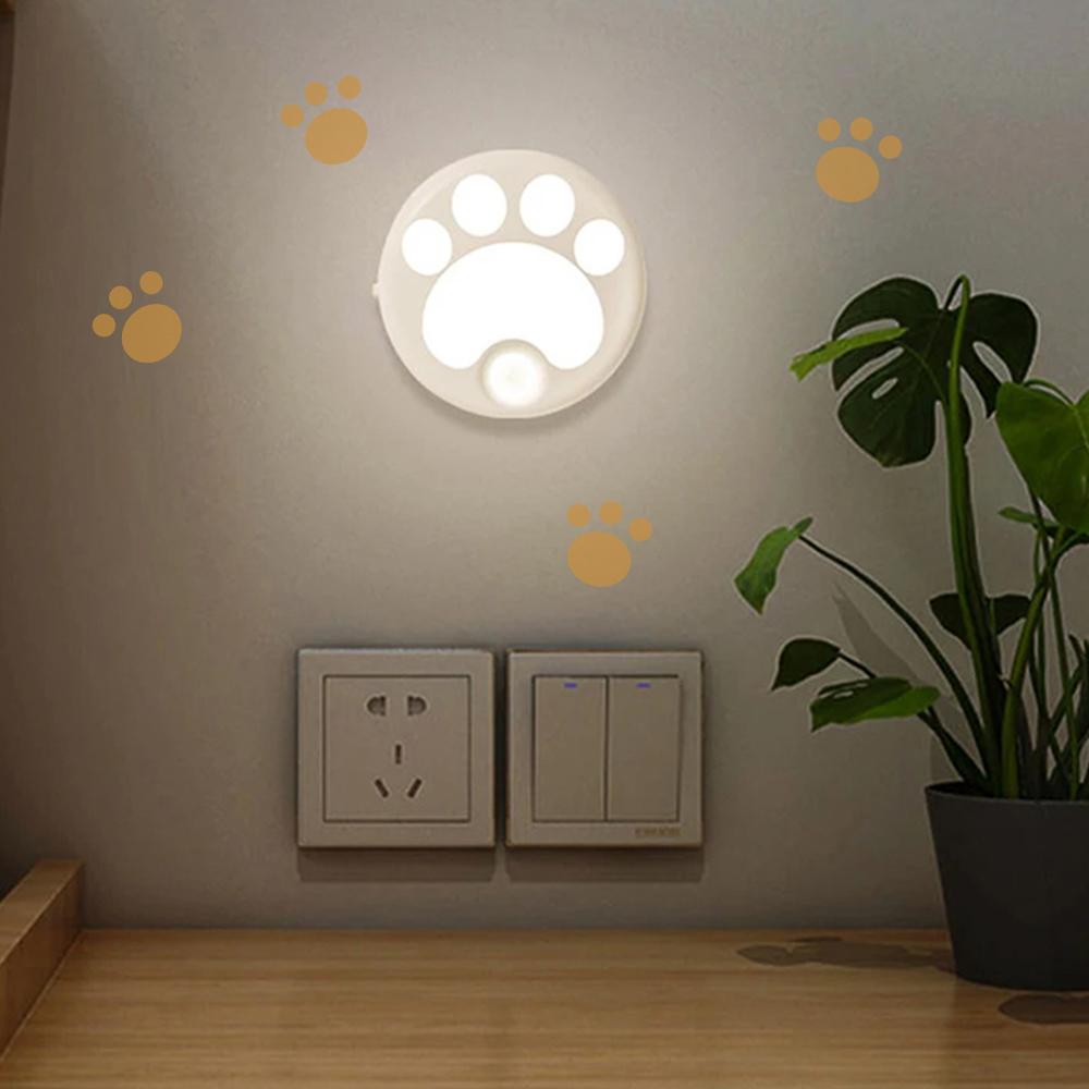 Cute Cat Paw Motion Sensor Nightlight Cordless LED Lamp For Hallway Bedroom Nursery Wardrobe Closet Kitchen Stairway Night Light