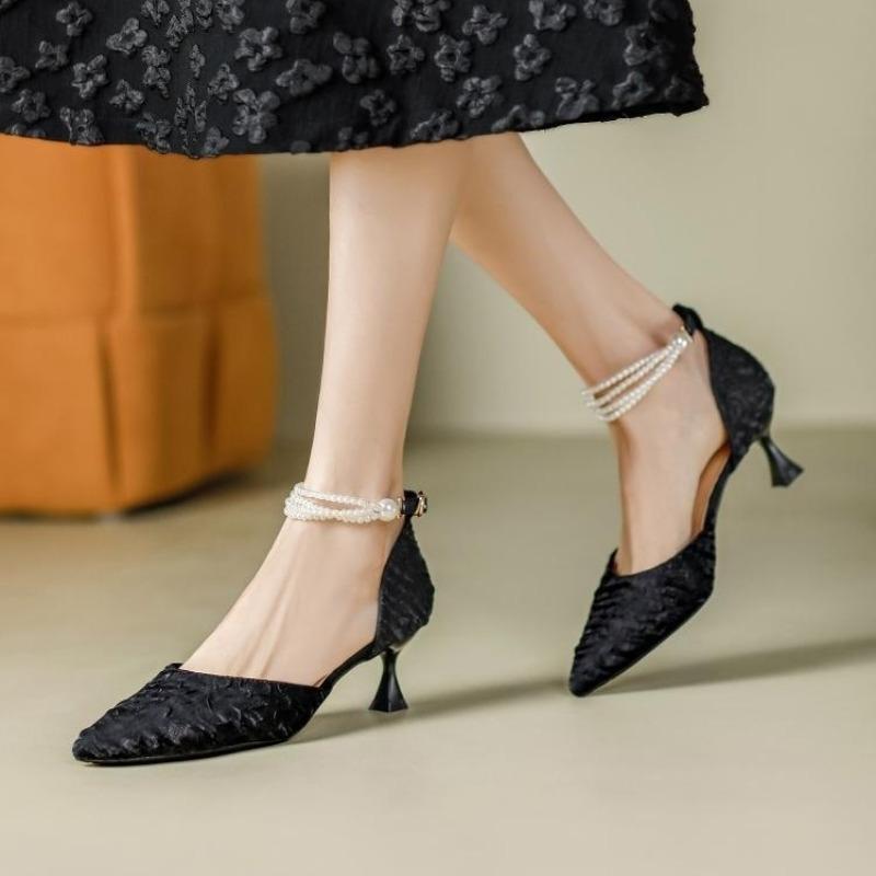 Fashion Sexy French Pointy Toe High Heels Women's Pearl Ankle Strap Sandals Ladies Elegant Wedding Party Bride Dress Designer Shoes