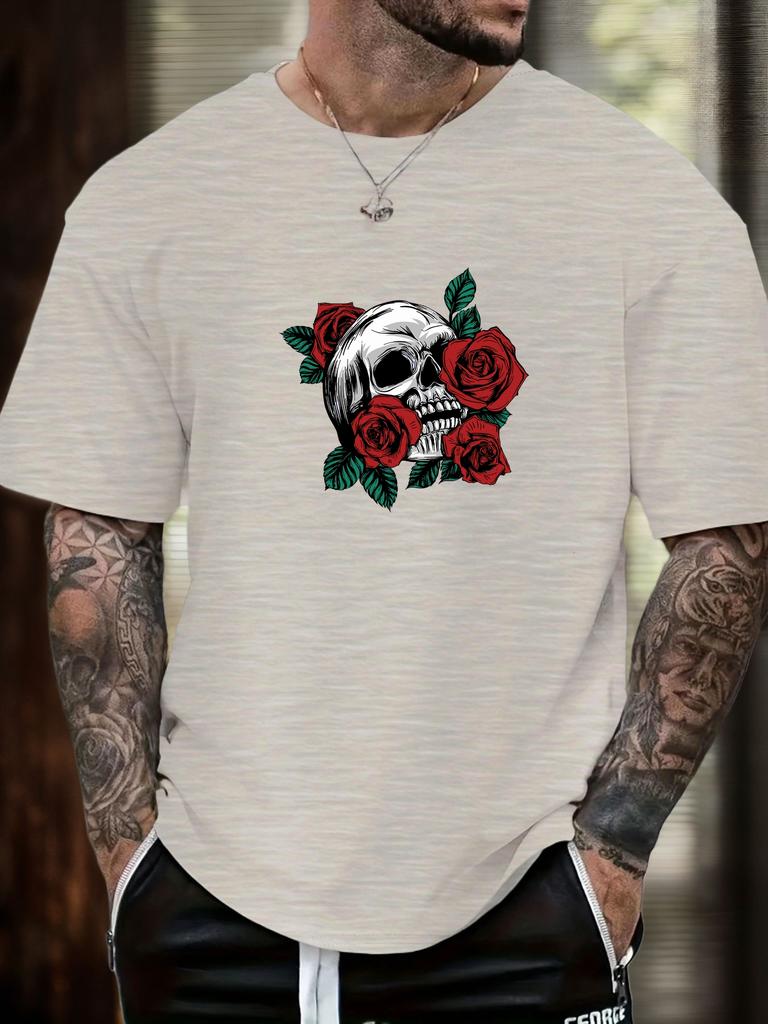 Mens Casual Tshirt Skull Rose Print Short Sleeve Round Neck Breathable Soft Oversized Edgy Daily Wear Tee