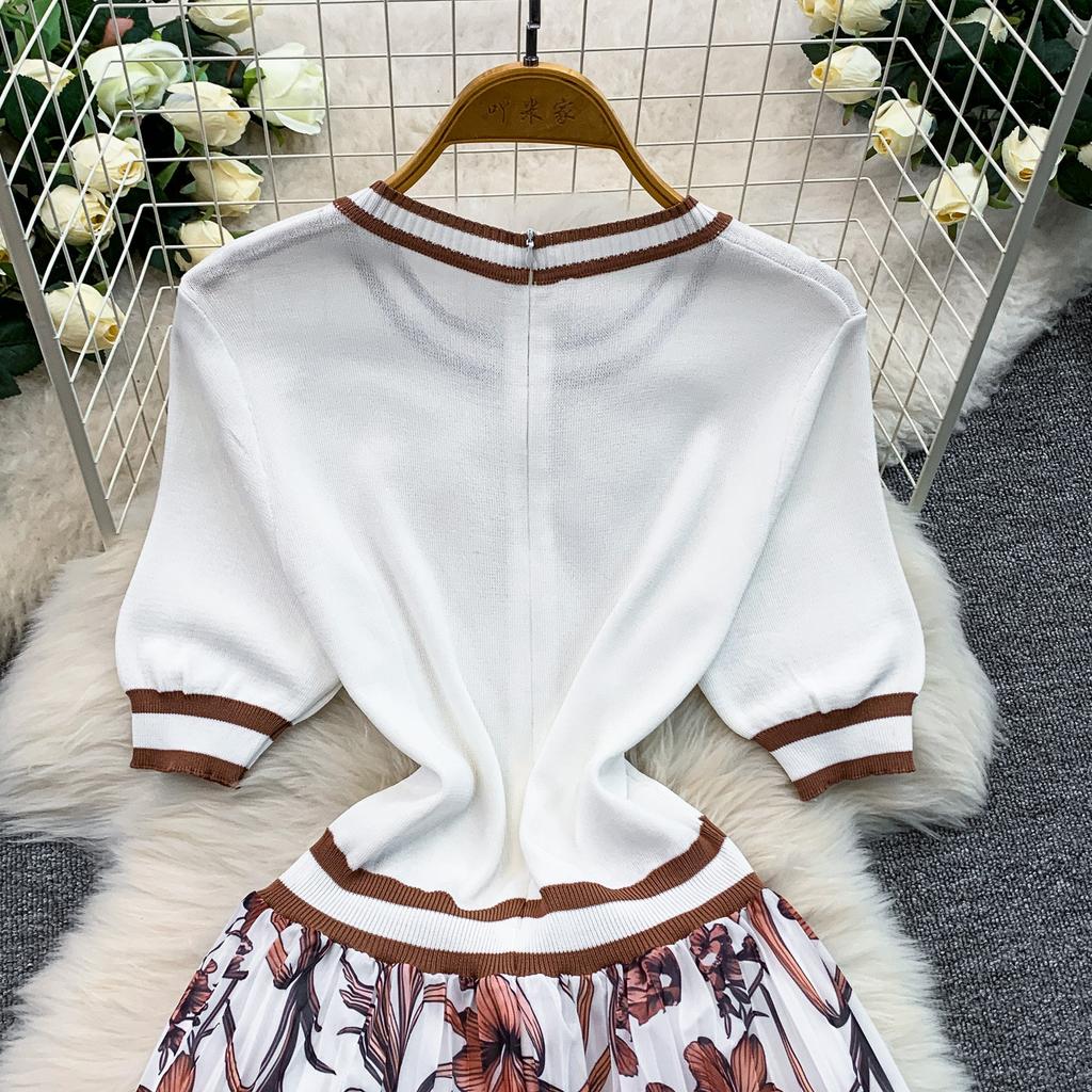 Women Fashion Knitting Sweater Patchwork Chiffon Dress Summer Short Sleeve Casual Floral Print Pleated Vacation Holiday Midi Sundress