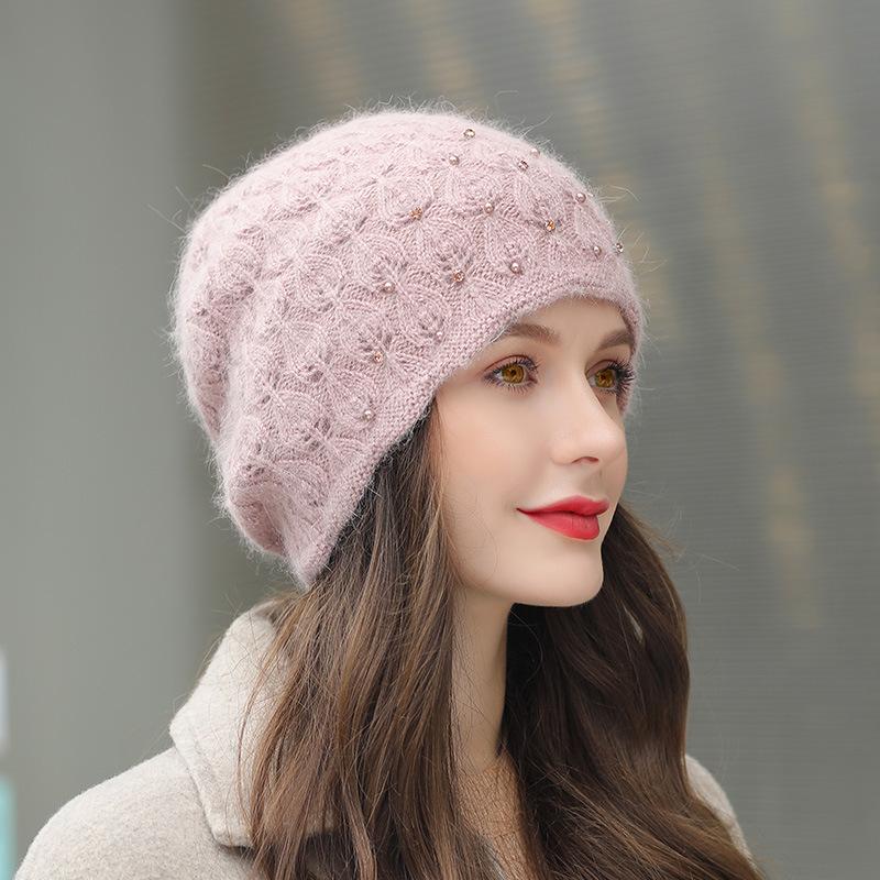 Neue Wintermütze Street Fashion Kaninchenfellmischung Dicke warme Beanie-Mütze für Frauen Elegante Perlendekoration Strickmütze Damen Geschenk