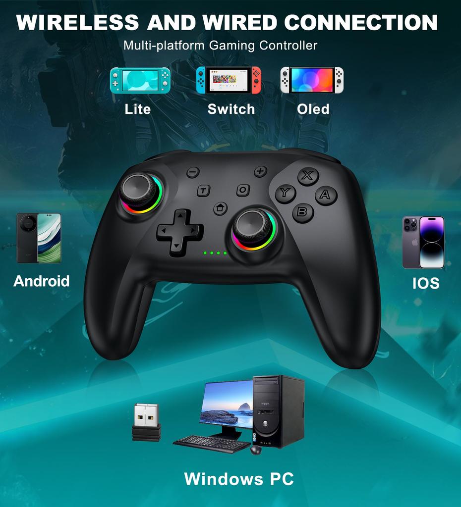 Switch Controller with RGB Macro Hall Effect Turbo 1000mAh High Compatible with Fish Scale Design 6-Color Light, Function, Joystick, Wireless,