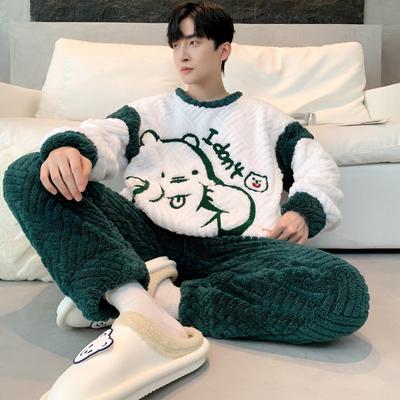 Men's Winter Pajamas Set Thicken Flannel Warm Cartoon Bear Plush Sleepwear Comfortable O Neck Pajama for Sleeping
