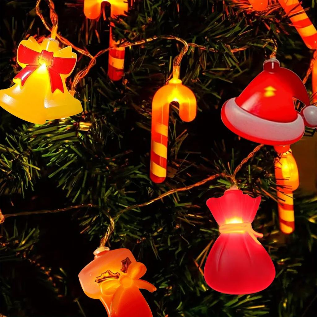 1PC Christmas Candy Cane &Hat & Socks&Wallet & Bell LED String Lights Battery Operated Fairy Lights For Holiday Party Yard Decor