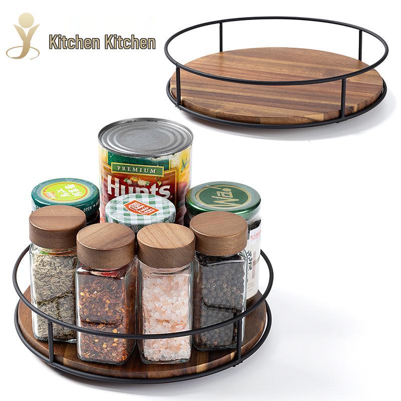Solid Wood & Steel Rotating Organizer Tray for Spices & Makeup