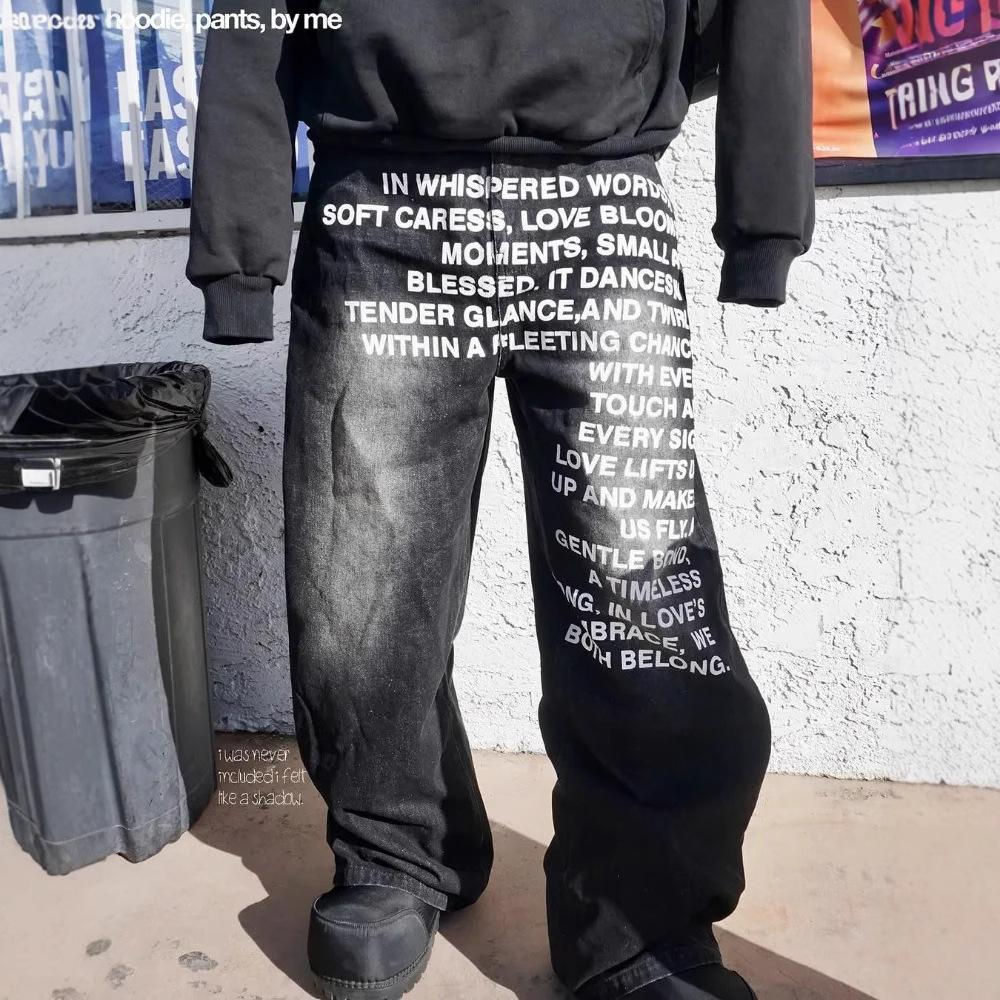 

Американские джинсы широкого кроя с ретро-узором и надписью XXL чёрный