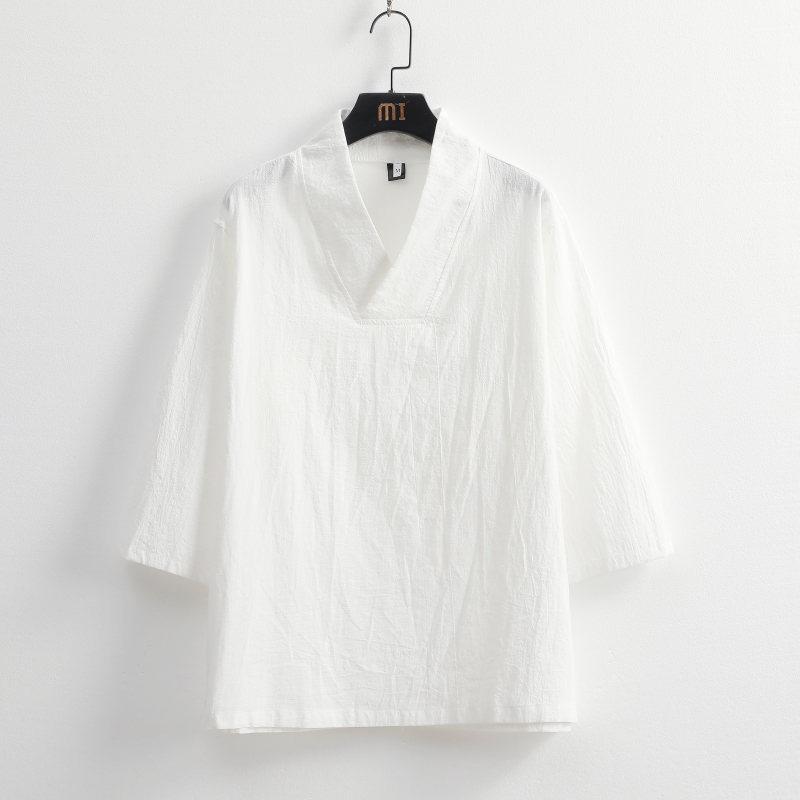 Mens Chinese Style Loose Cotton Linen Two Piece Set V Neck T Shirt Long Pants