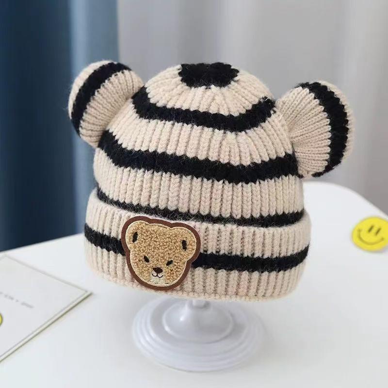 Baby hat winter boy super cute striped bear wool hat newborn autumn and winter children's knitted hat tide
