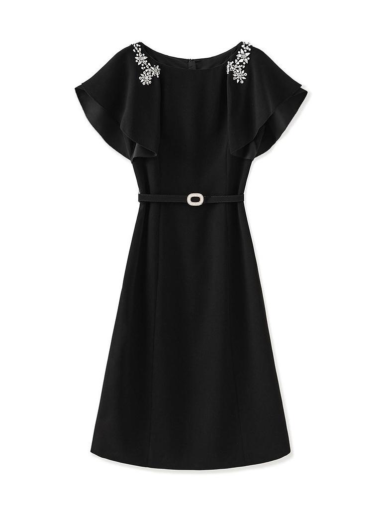 High-End Round Neck Studded Ruffle Sleeve Waist-Cinching Dress for Women - Summer Fashion