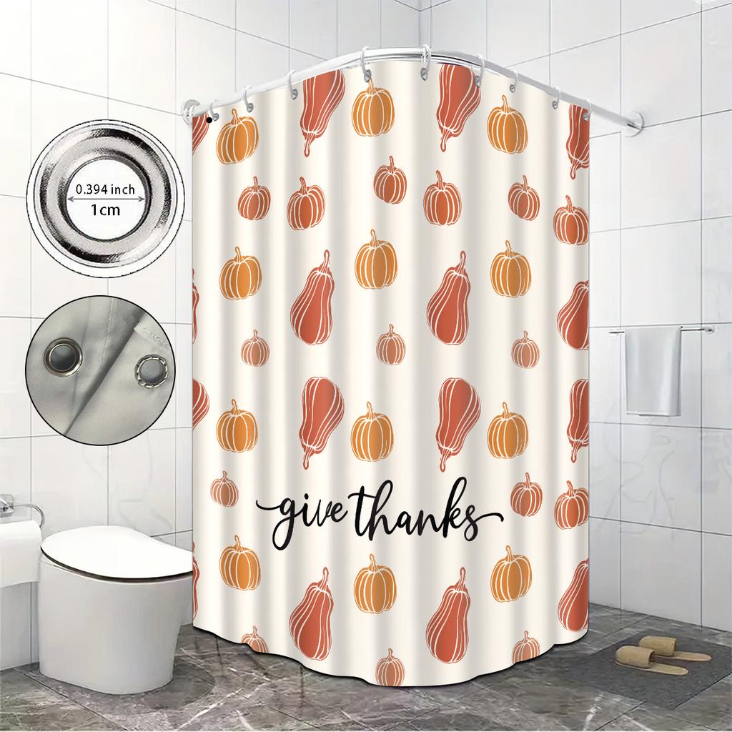 1pc Autumn Harvest Festival Pumpkin Print Waterproof Shower Privacy Hanging Curtain with 12 Hooks Multiple Size Machine Washable