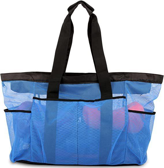 1pc Extra Large Mesh Beach Bag Large-capacity Breathable Multiple Pockets Travel Clothing Storage Bag Outdoor Sports Handbag