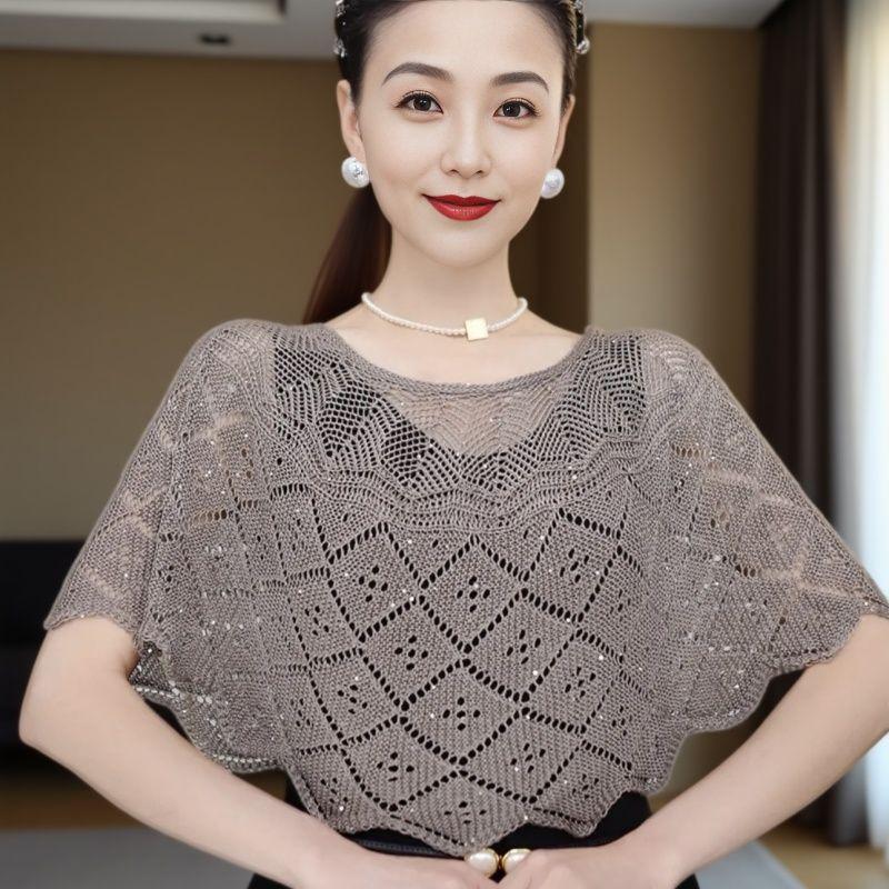 Ladies Knitted Ice Silk Shawl Summer Lightweight Hollow Out Design Fashionable Sequin Shoulder Cover Head Over Shoulder Wrap