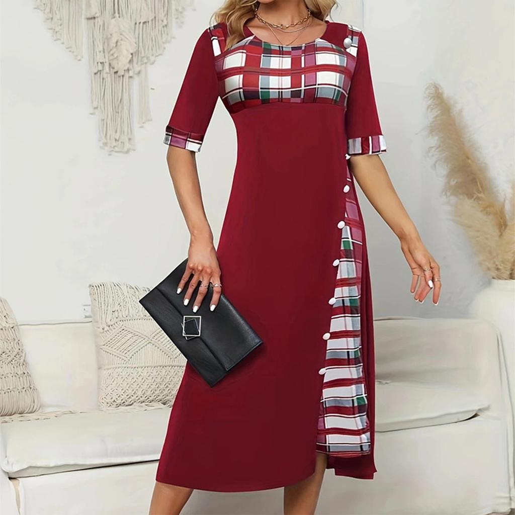 Women's Summer Round Neck Half Sleeve Irregular Printed Casual Long Skirt