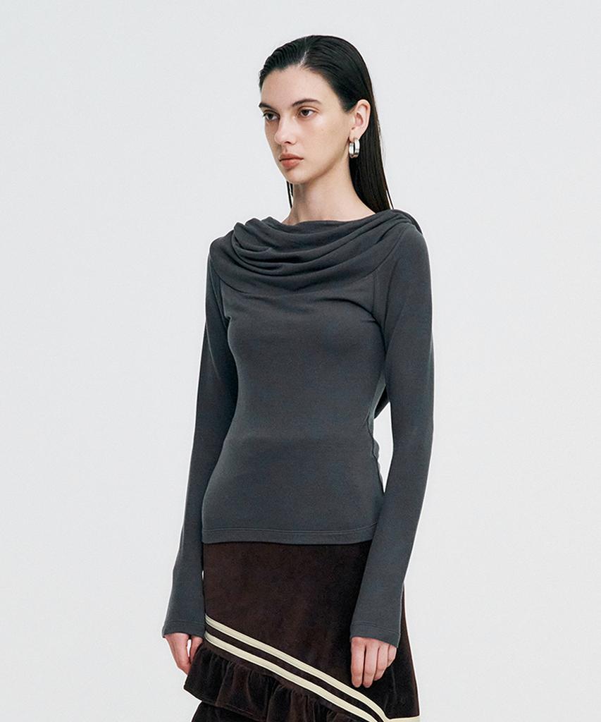 Cowl Neck Soft Slim Hoodie _ Charcoal