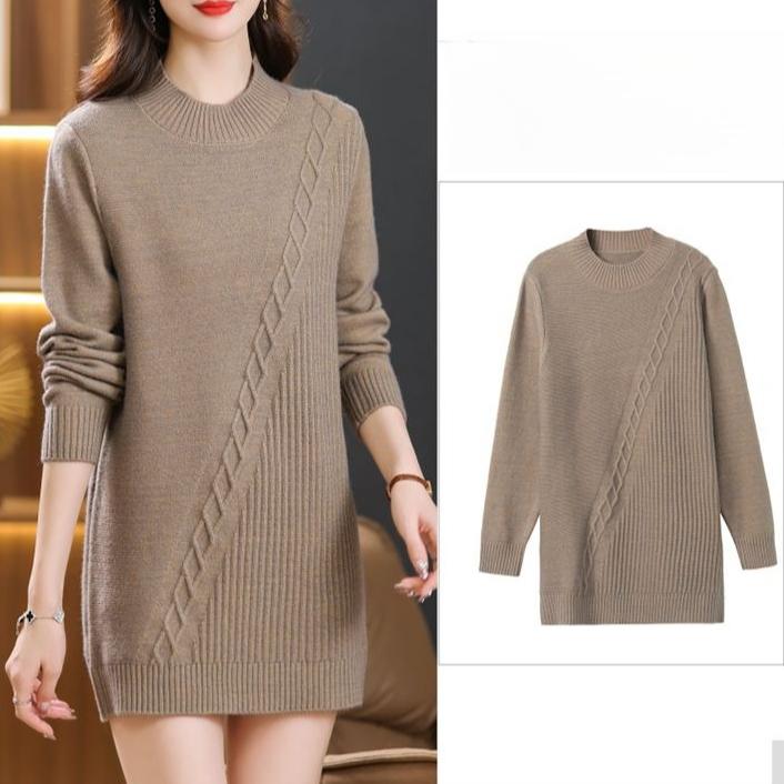 Mid-length Sweater Loose Half Turtleneck Pullover for Women Solid-color Casual Knitted Sweater for Autumn and Winter