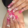24Pcs Long Square Press On Nails Leopard Print French 3D Cherry Design False Nail Rhinestone Wearable Full Cover Fake Nails Tips