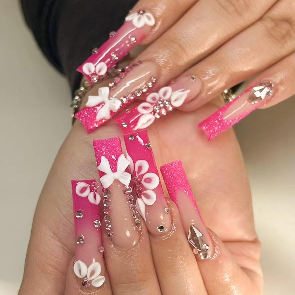24Pcs Long Square Press On Nails Leopard Print French 3D Cherry Design False Nail Rhinestone Wearable Full Cover Fake Nails Tips