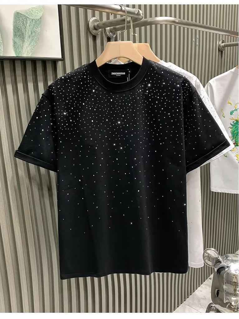 Men's Stylish Round Neck Rhinestone T-Shirt with Short Sleeves