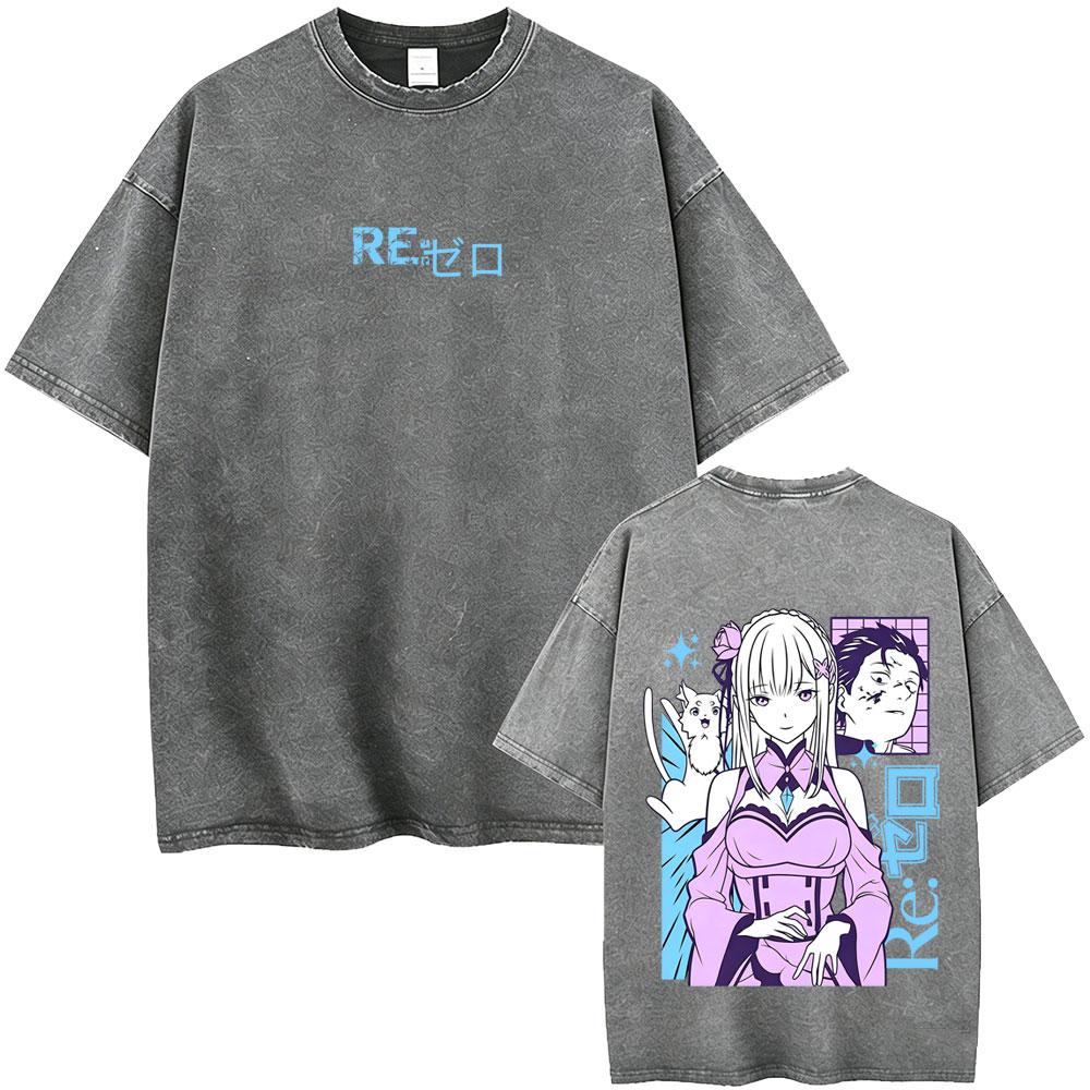 Washed Vintage Anime ReZERO Starting Life In Another World Tshirt Subaru Natsuki Graphic T Shirt Men Women Oversized Tshirts