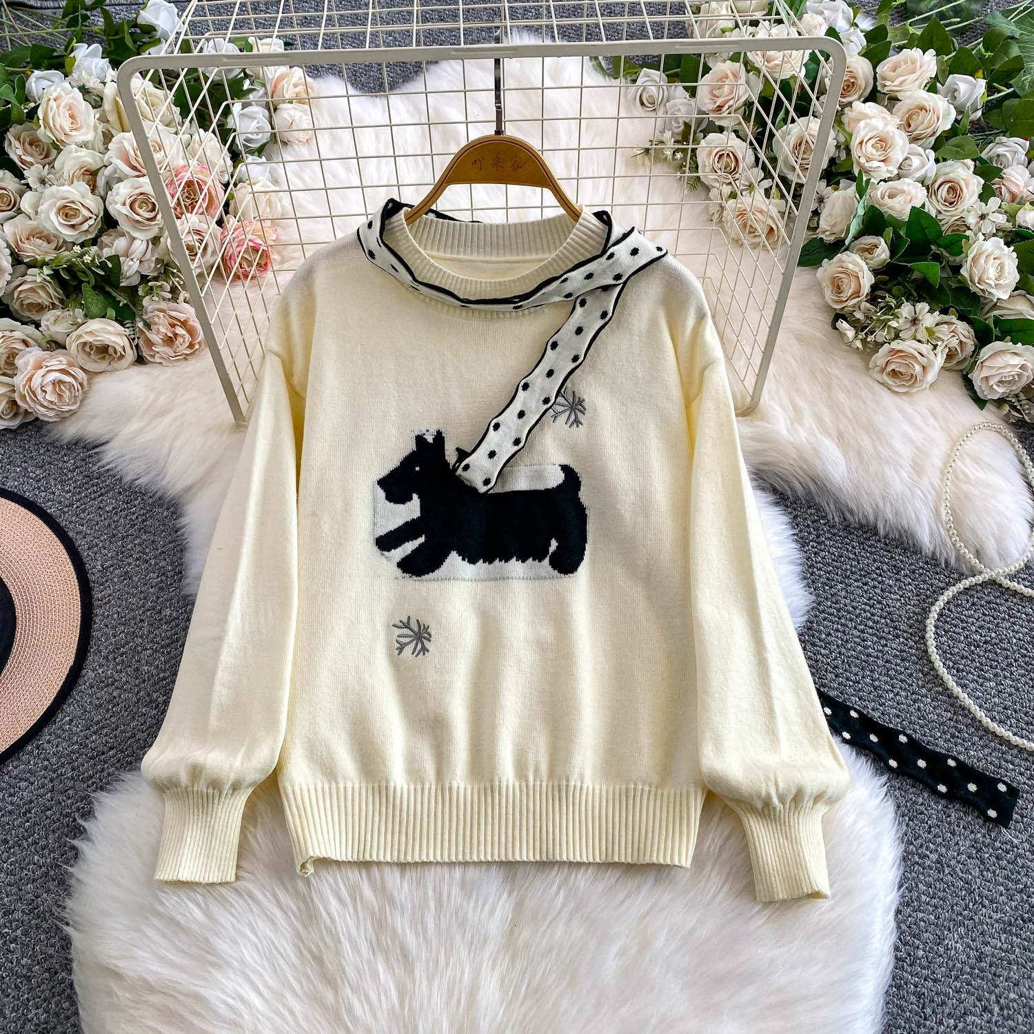 

Autumn Winter Women Women O-neck Embroidery Cartoon Dog Knitted Sweater Christmas Pullover Tops One Size