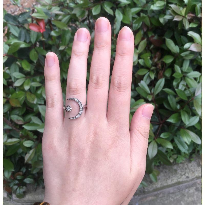 Crescent moon star ring  trendy, creative, and luxe open band engagement ring  fashion jewelry