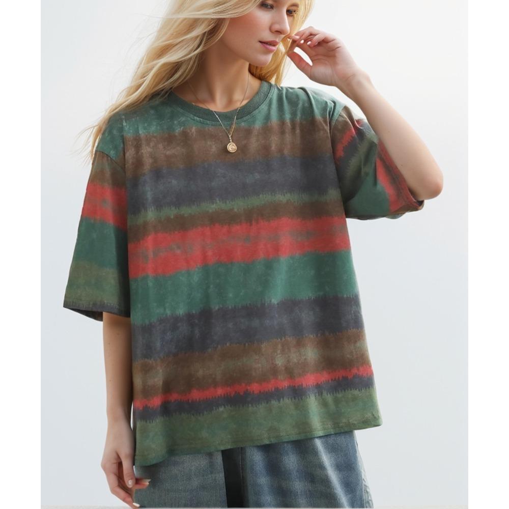 

DIMANAF 2024 футболка больших размеров женские топы свободные хлопковые камуфляжные полосатые летние футболки с короткими рукавами рубашка с круглым вырезом 4XL