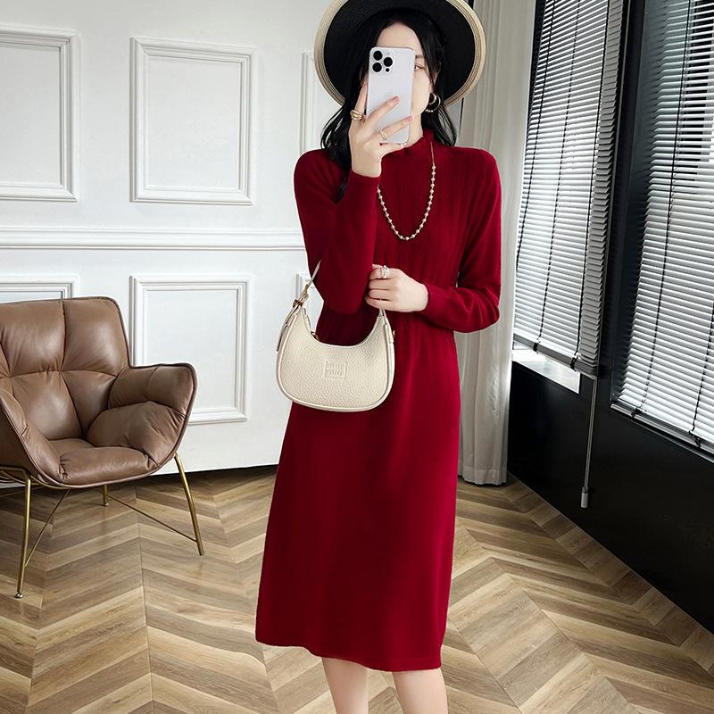 Autumn and Winter New Knitted Dress Temperament Fungus Collar Women with Coat Thin Inner with Medium and Long Sweater Women