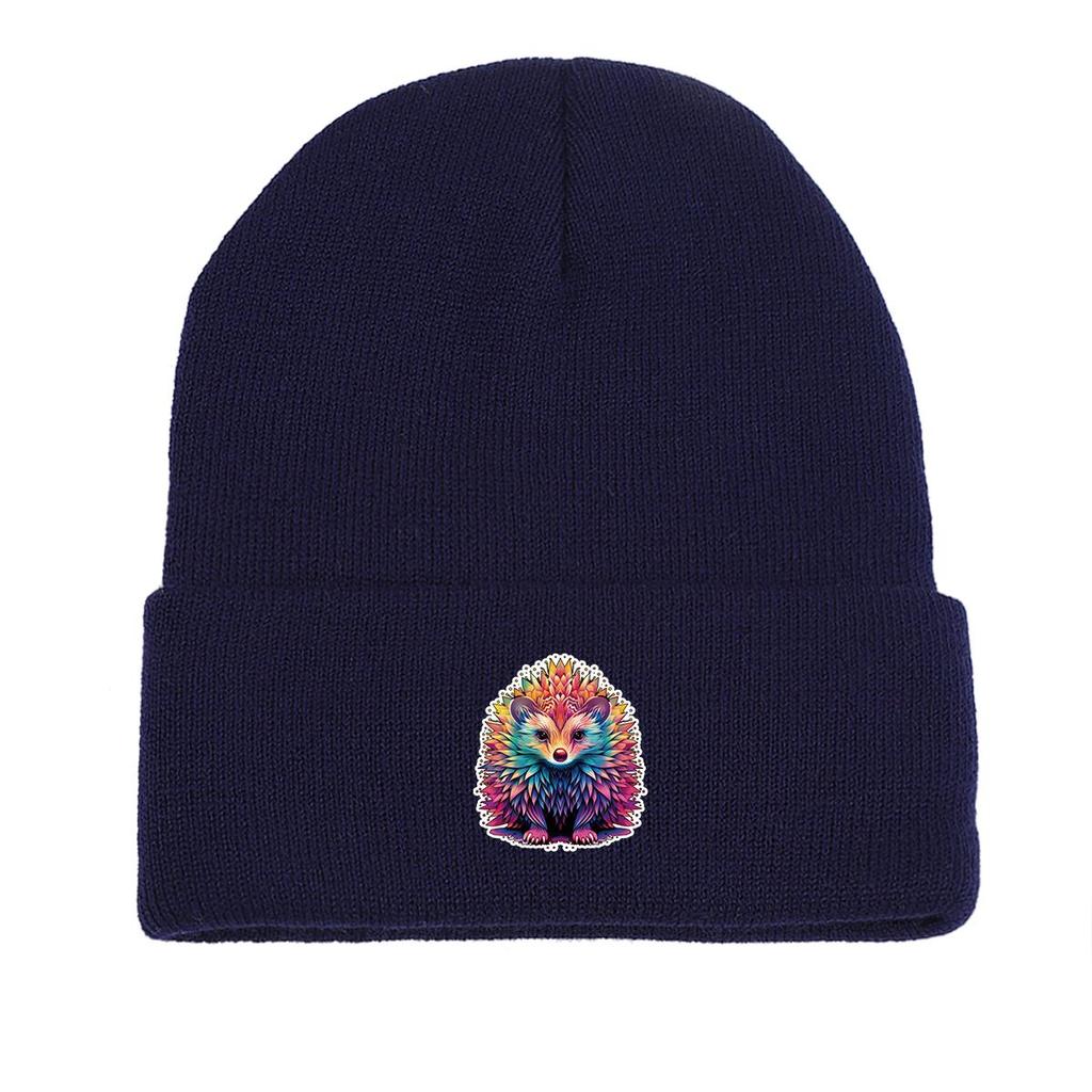 Hedgehog Print Knit Hat Beanie, Animal Skullies Beanies Winter Soft Simple Bobble Hat Knitted Cap Beanie