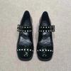 New Carved Leather Mary Jane Shoes Women's One-word Buckle Belt Thick Heel Single Shoes Small Leather Shoes Ladyshoes