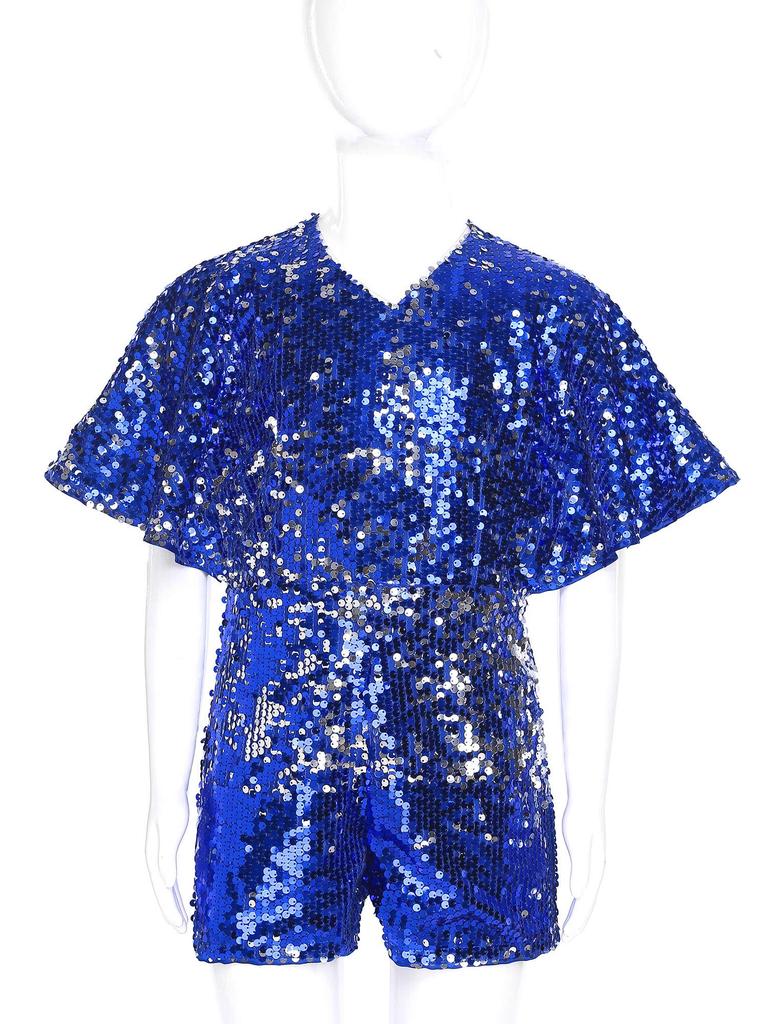 Complete Party-Ready Jumpsuit for Girls: Sparkling Sequins V-Neck Cap Sleeve Bodysuit, Perfect for Photos & Special Events