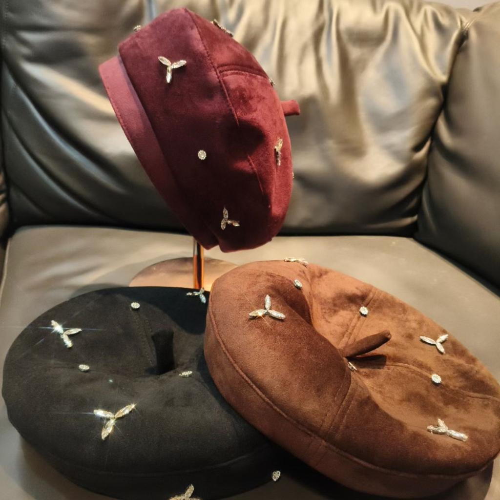 Paris Light Luxury Rhinestone Niche Suede Beret Small Fragrant Celebrity French Painter Hat